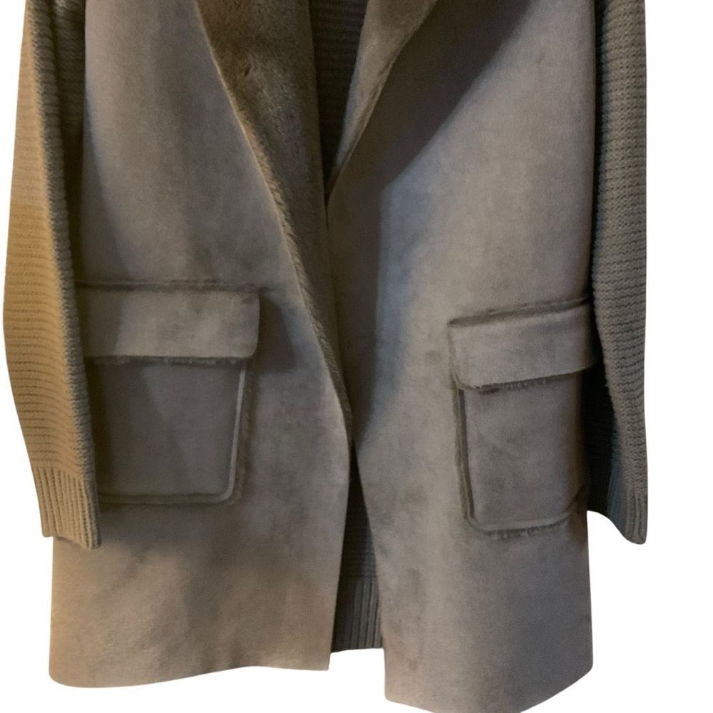 Anthropologie Taupe Knit Sleeve Faux Suede Coat with Faux Fur Collar - Size M - Picture 3 of 6
